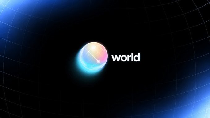 A dark digital artwork featuring a glowing iridescent sphere with the word "world" in white lowercase text to its right, set against a black background with a subtle grid pattern and blue light flare in the top left.