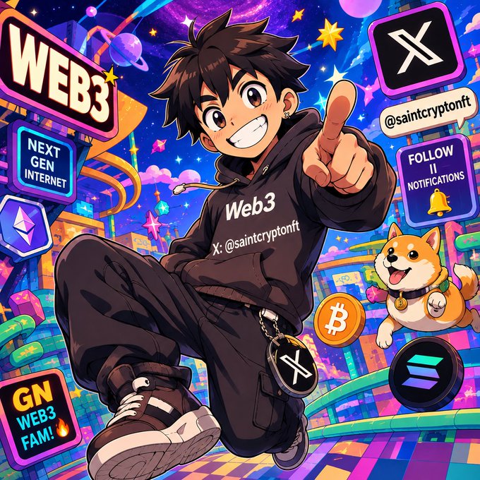 A vibrant anime-style Web3 promotional illustration featuring a character in a 'Web3' hoodie pointing at the viewer, surrounded by crypto logos including Bitcoin, Ethereum, and Solana, along with text reading 'WEB3 NEXT GEN INTERNET', 'GN WEB3 FAM!', and '@saintcryptonft'.