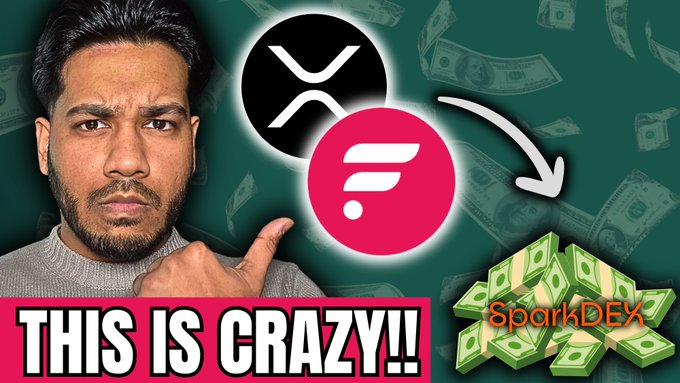 A man points toward XRP and FLR (Flare) cryptocurrency logos alongside a "SparkDEX" graphic, with bold text reading "THIS IS CRAZY!!" overlaid on falling money—illustrating the video's theme of earning double yield rewards on the SparkDex platform for XRP and FLR holders.