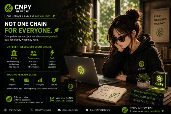 Promotional advertisement for 'CNPY Network' (Canopy Network) with the tagline 'NOT ONE CHAIN FOR EVERYONE,' showing a person in a CNPY hoodie working on a laptop, highlighting sovereign chains for RWAs, Consumers, and DeFi.