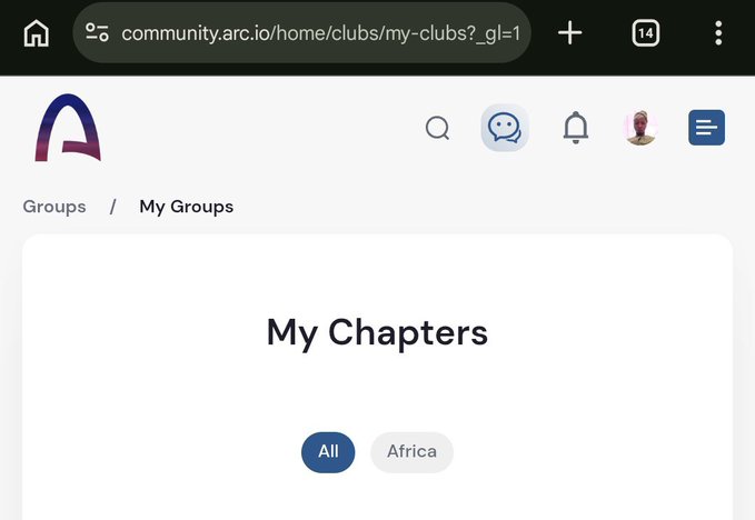 A mobile browser screenshot shows the ARC community website (community.arc.io) displaying a "My Chapters" page with filter buttons for "All" and "Africa".