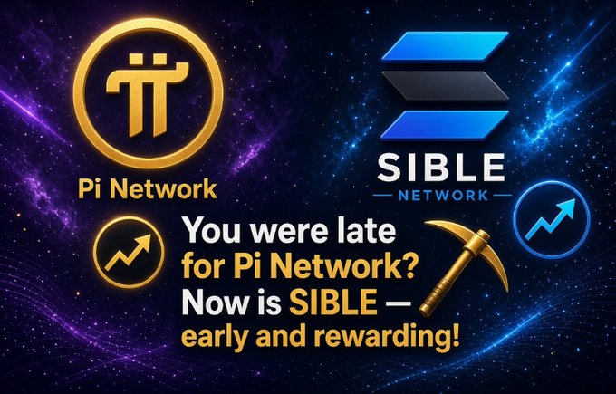 The image is a promotional graphic featuring the Pi Network logo (gold pi symbol) alongside the SIBLE Network logo (blue stacked blocks) set against a cosmic galaxy background, with text reading "You were late for Pi Network? Now is SIBLE — early and rewarding!" accompanied by pickaxe and upward-trending arrow icons symbolizing mining and growth, visually reinforcing the post's message that SIBLE is the next early-stage crypto opportunity for those who missed Pi.