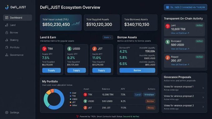 A dashboard for the 'DeFi_JUST Ecosystem' displaying Total Value Locked of $850,230,450, lending and borrowing APYs, and a user portfolio.