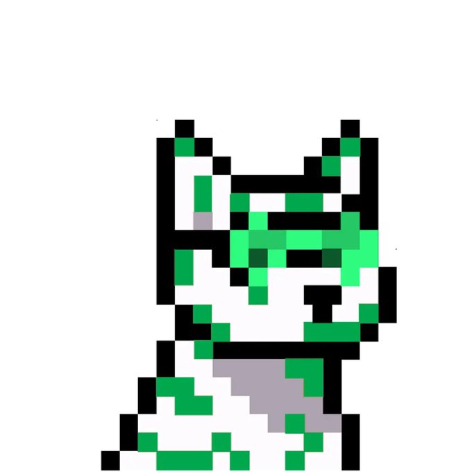 The image shows a pixelated, robot-like character composed of green, white, black, and gray pixels in an 8-bit art style. It appears to be a Doginal Dogs NFT, fitting the post's reference to owning a free-roaming canine-themed NFT that distinguishes itself from other dog collections.