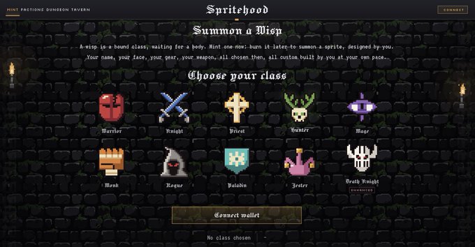 A pixel-art game screen titled 'Spritehood - Summon a Wisp' displays class selection options including Warrior, Knight, Priest, Hunter, Mage, Monk, Rogue, Paladin, Jester, and Death Knight, with 'No class chosen' noted at the bottom.