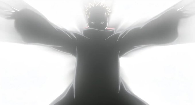 An anime-style illustration of a character with spiky hair, eyes glowing white, and arms spread wide against a bright white background.