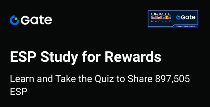 A promotional graphic from Gate cryptocurrency exchange announcing 'ESP Study for Rewards' with Oracle Red Bull Racing as a Team Partner, offering to share 897,505 ESP tokens for learning and taking a quiz.