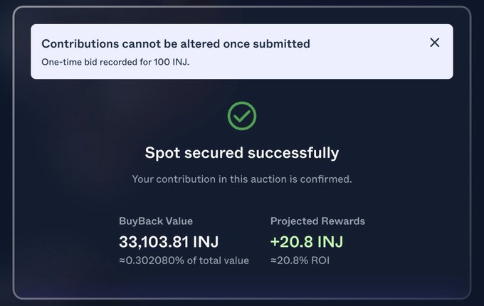 A confirmation screen displays 'Spot secured successfully' for a one-time bid of 100 INJ, showing a BuyBack Value of 33,103.81 INJ and Projected Rewards of +20.8 INJ.