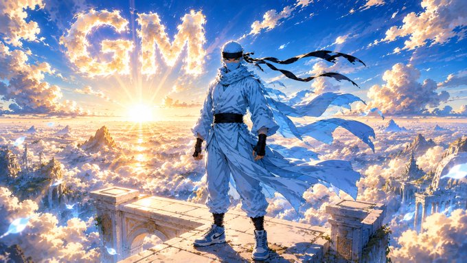Anime-style illustration of a figure in flowing white robes standing on a stone platform above the clouds at sunrise, with "GM" formed in clouds in the sky.