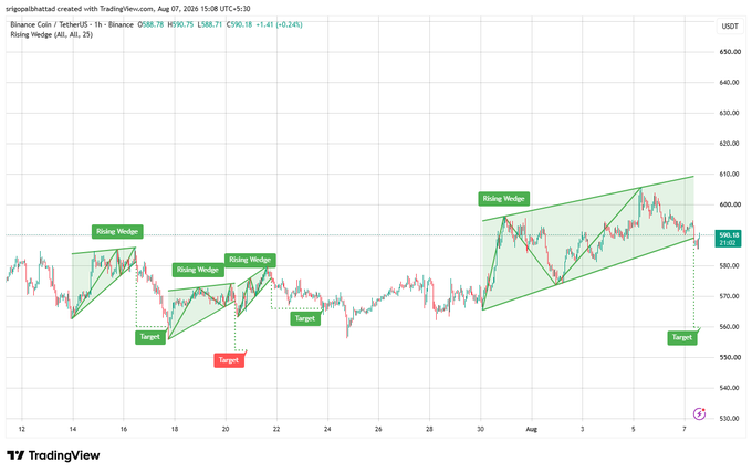 A TradingView candlestick chart of BNB/USDT on Binance shows multiple green rising wedge patterns with "Rising Wedge" and "Target" labels marking potential trade points.