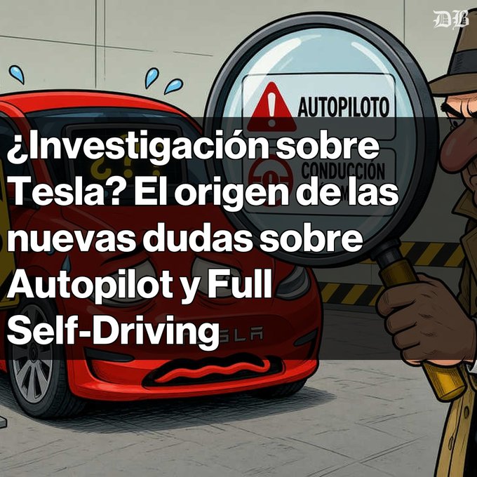 A cartoon-style image with Spanish text reading '¿Investigación sobre Tesla? El origen de las nuevas dudas sobre Autopilot y Full Self-Driving', depicting a sad red Tesla with a magnifying glass showing Autopilot and Driving warnings.