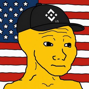 The image presents a cartoon of a man wearing a baseball cap, possibly a US cap given the presence of an American flag in the background. The caption indicates that Bitcoin user @BinanceUS has recently changed their PFP to wojak and is announcing a $100k boost event with ETH BILLIONS on the WOJAK value.