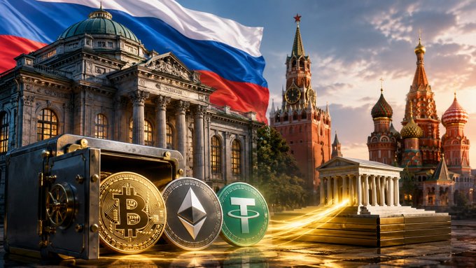 The image features Bitcoin, Ethereum, and Tether cryptocurrency coins alongside an open vault, gold bars, the Russian flag, and iconic Moscow landmarks like the Kremlin and St. Basil's Cathedral, symbolizing Russia's growing integration of digital assets into its traditional financial system. This visually reinforces Sberbank's policy update to expand accepted cryptocurrencies as loan collateral beyond its existing Bitcoin-backed lending.