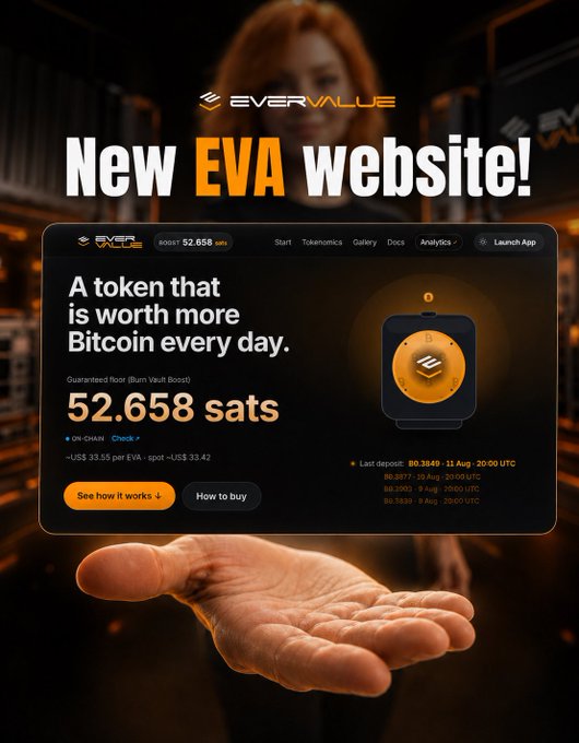 A promotional graphic for EverValue (EVA) announcing a new website, featuring a tagline 'A token that is worth more Bitcoin every day' with a floor (BURN VAULT BOOST) of 52.658 sats.