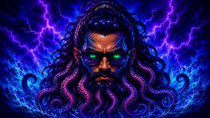 A fantasy portrait of a man with a beard of purple octopus tentacles, blue skin markings, green glowing eyes, and glasses, set against a stormy blue lightning background.
