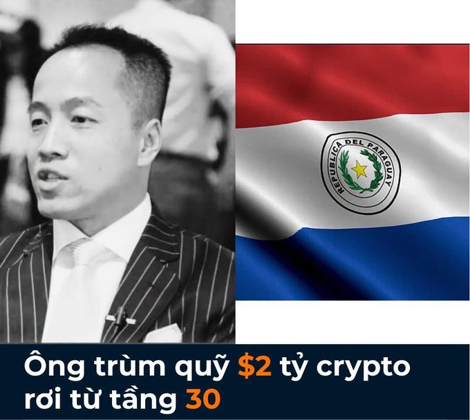 A news thumbnail featuring a black-and-white photo of a man in a pinstripe suit next to the Paraguay flag, with the Vietnamese text 'Ông trùm quỹ $2 tỷ crypto rơi từ tầng 30' (Crypto fund boss of $2 billion fell from the 30th floor).