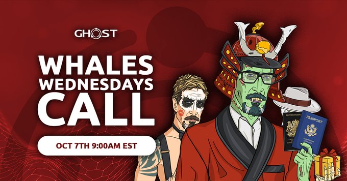 A promotional graphic for 'Ghost Whales Wednesdays Call' on October 7th at 9:00 AM EST, featuring illustrated characters including a samurai figure holding a Russian passport.