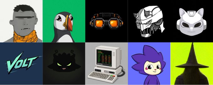 A collage of NFT-style artwork—featuring portraits, goggles, a VOLT logo, a black creature, an old computer, a purple character, and a witch’s hat. It represents the upcoming “Fractal Bitcoin Ordinals” and “ppuffins” RH drops, with 3,333 supply, launch dates, and the ticker/value note “GTD 0.003.”