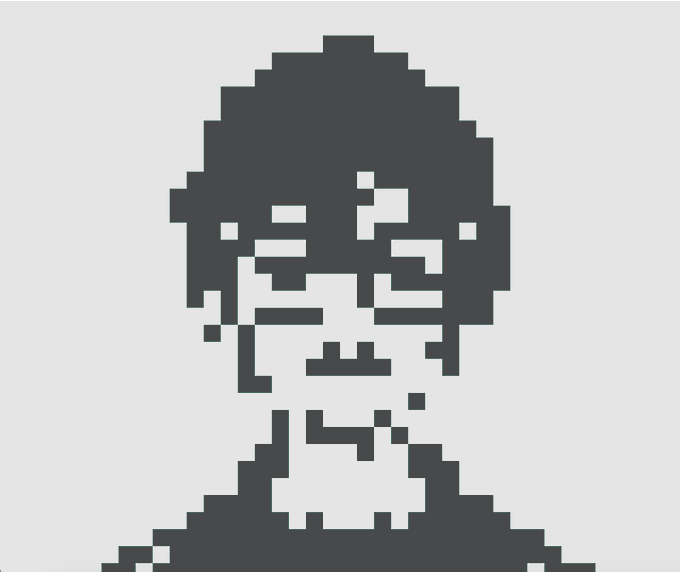 A pixel art portrait of a man's face and shoulders in dark gray tones on a light gray background, rendered in a blocky 8-bit style.