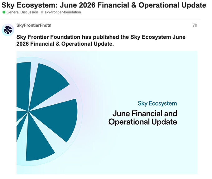 A Discord or social media post from SkyFrontierFndtn announcing the publication of the 'Sky Ecosystem June 2026 Financial & Operational Update,' featuring a teal and white pinwheel-style logo.