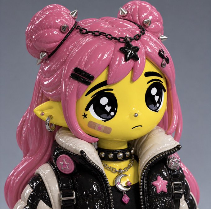 A photograph of a yellow-skinned vinyl figure with pink hair styled in twin buns, adorned with spiked headbands, star accessories, and a black and white jacket, giving off a gothic-cute aesthetic.