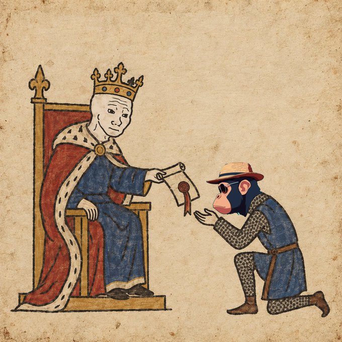 A medieval-style illustration depicts a crowned king seated on a throne presenting a scroll with a seal to a kneeling monkey wearing a hat, symbolizing the granting of an official partnership or role—fitting for the post announcing a new collaboration handling role for the RojakNFT community.
