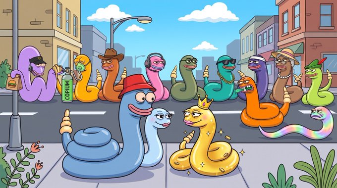 A colorful cartoon illustration depicts various anthropomorphic snakes with human features like hats and glasses standing on a city street.