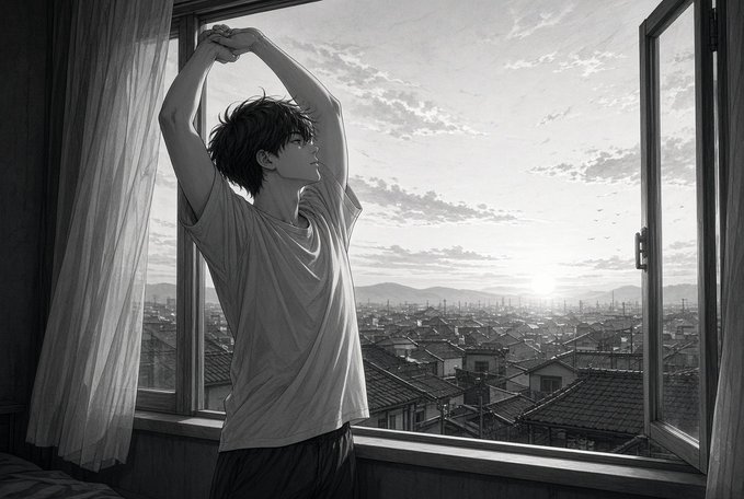 A young man stretches his arms overhead beside an open window, with a serene sunrise over a cityscape in the background. The image's theme of starting a new day with fresh energy and routine mirrors the post's "good morning" greeting and motivational "one more rep" sentiment.