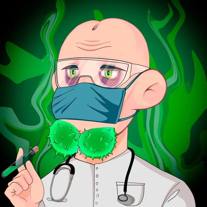 A cartoon illustration of a bald doctor with glasses, a stethoscope, and a face mask, holding a syringe of green liquid with spiky virus-like orbs near his chin against a green smoky background.