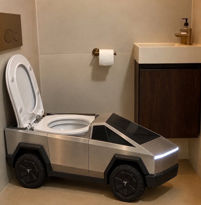 A novelty toilet designed to look like a Tesla Cybertruck, with the lid open in a modern bathroom setting.