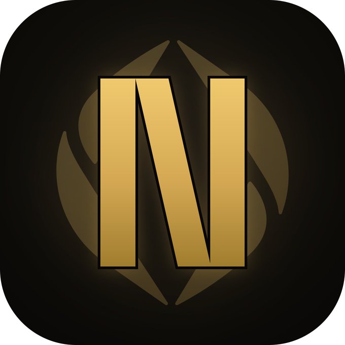 A mobile app icon featuring a gold letter 'N' on a black background with a faint gold circular design behind it.