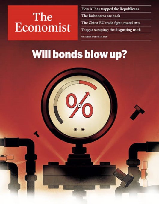 The Economist cover (October 9th–15th 2025) features a pressure gauge with a percent symbol against a red background under the headline "Will bonds blow up?" with side articles on AI and Republicans, the Bolsonaro return, China-EU trade, and tongue scraping. The image's tension-fraught imagery of bonds potentially exploding under interest-rate pressure offers a stark counterpoint to bullish claims about market strength.