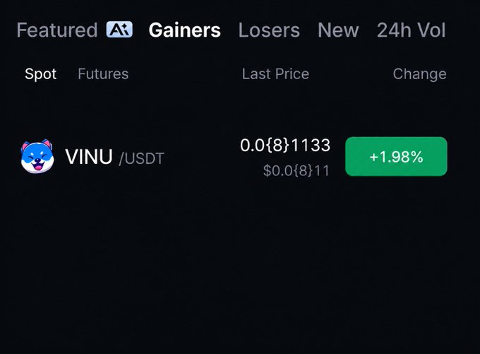 A cryptocurrency trading interface displays the VINU/USDT token as a featured gainer with a last price of 0.0₈1133 USDT and a positive change of +1.98% shown in green.