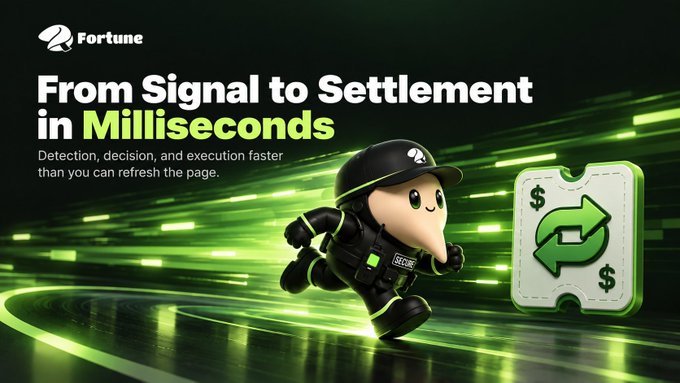 A Fortune-branded promotional graphic features a 3D cartoon mascot in tactical gear sprinting toward a green dollar-signed exchange icon, set against a dynamic streaking green background. The bold headline reads "From Signal to Settlement in Milliseconds," with a subheading stating "Detection, decision, and execution faster than you can refresh the page," visually reinforcing the post's message of ultra-rapid automated trading execution.
