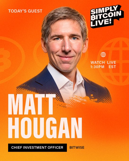 A promotional graphic featuring a portrait of Matt Hougan, Chief Investment Officer at Bitwise, announced as today's guest on 'Simply Bitcoin Live!' at 1:30 PM EST.