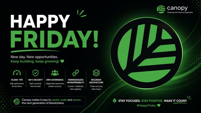 A promotional graphic for 'Canopy' blockchain company featuring a 'HAPPY FRIDAY!' message, a green leaf logo, and features like '10,000+ TPS' and 'RECURSIVE ARCHITECTURE.'