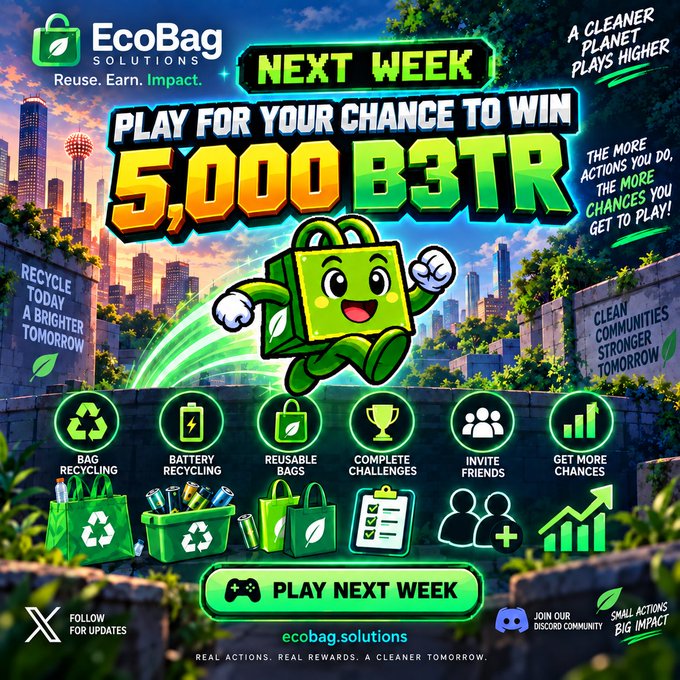 Promotional graphic for EcoBag Solutions offering a chance to win '5,000 B3TR' next week, with icons for bag recycling, battery recycling, reusable bags, complete challenges, inviting friends, and getting more chances.