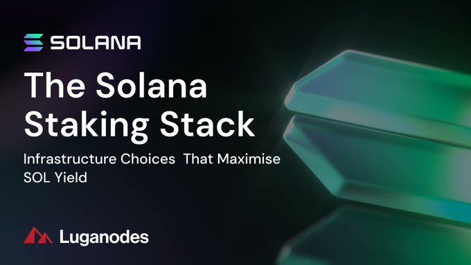 The image shows a green rectangular block with a red border that says "The Solana Staking Stack" at the top. The block has two sides, one of which is green while the other side is blue. The text below the block reads "Infrastructure Choices That Maximise Solana Yield".