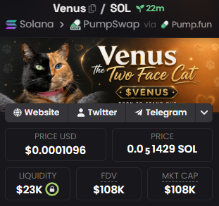 The image shows a DexScreener listing for the Solana-based meme token "Venus," featuring a two-face cat graphic with "WORK IN PROGRESS" text. Key stats displayed include a price of $0.0001096 USD (0.000001429 SOL), $23K liquidity, and an $108K FDV/Market Cap. This directly supports the post's claim that the project has been paid for and listed on DexScreener.