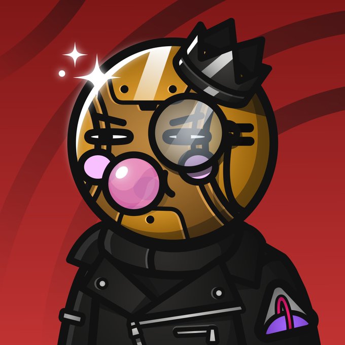 A glittering golden astronaut-like character with bubble-gum pink cheeks and a small black crown stands against a swirling red backdrop, wearing a black jacket featuring a colorful emblem on the sleeve. The regal, polished design embodies the SpaceRidersXYZ brand's stylish and collectible aesthetic, with its polished sheen and fashionable crown reflecting the "forever" loyalty mentioned in the caption.