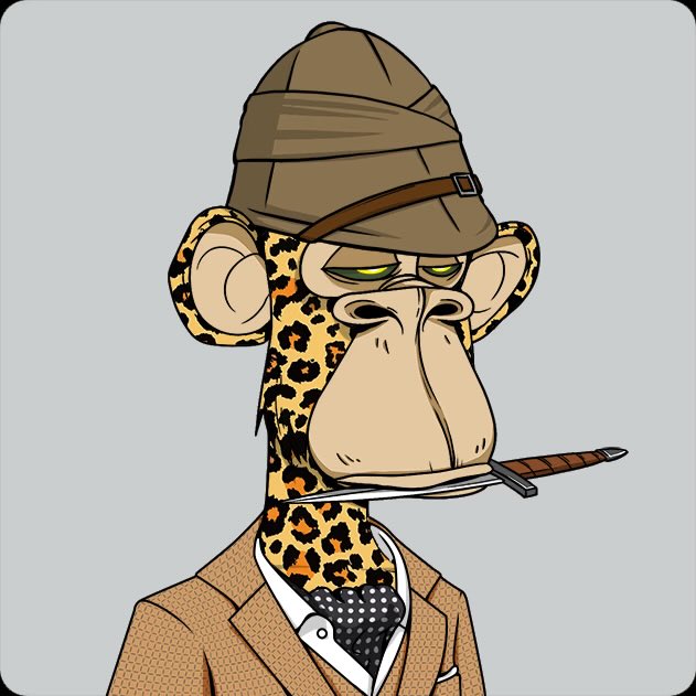 A Bored Ape Yacht Club NFT-style cartoon monkey character wearing a brown cap and tweed suit jacket holds a dagger in its mouth.