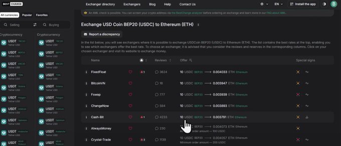 Screenshot of BestChange.ru cryptocurrency exchange directory showing BEP20 (USDC) to Ethereum (ETH) exchange rates from various exchangers including FixedFloat, BitcoinVN, and ChangeNow.