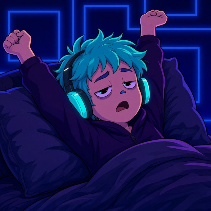 Anime-style illustration of a sleepy character with teal hair and glowing cyan headphones lying in bed under purple covers with arms raised, set against a dark background with neon blue geometric patterns.