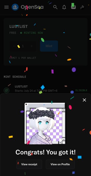 An OpenSea mobile interface showing a successful NFT mint of 'LUSTLIST' with a confirmation message 'Congrats! You got it!' displaying a white-haired anime-style character illustration.