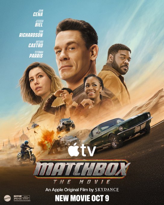 A movie poster for 'Matchbox: The Movie,' an Apple Original Film by Skydance, featuring John Cena, Jessica Biel, Sam Richardson, Arturo Castro, and Teyonah Parris, with a release date of October 9.