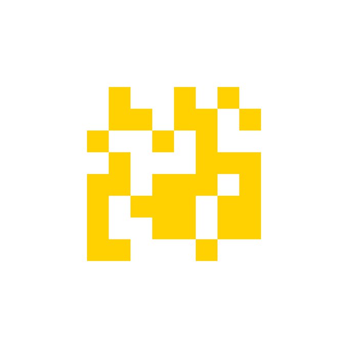 A pixelated yellow 8-bit style logo or symbol on a white background.