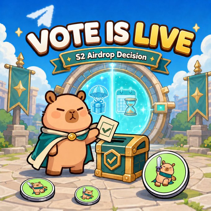A cartoon-style promotional graphic with a bear character in a cape voting, with the headline 'VOTE IS LIVE' and a banner reading 'S2 Airdrop Decision', surrounded by airdrop and hourglass icons.