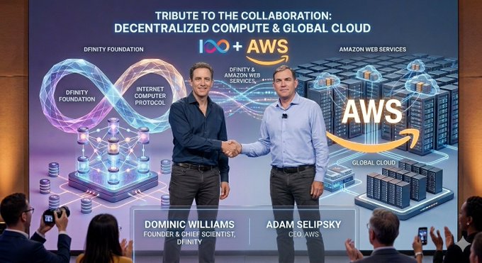 Two men shake hands on a stage, with a large screen displaying the Amazon Web Services logo and text about collaboration between companies.