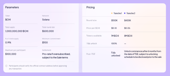 A cryptocurrency token sale parameters panel for '$CHI' on the Solana network with 1,000,000,000 total supply, detailing Tranche 1 ($100K at $0.10) and Tranche 2 ($400K at $0.05) pricing.