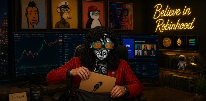 A masked figure with dreadlocks and orange sunglasses sits at a desk with multiple crypto charts, Bored Ape and Pudgy Penguin NFTs on the wall, and a glowing "Believe in Robinhood" neon sign, while holding a laptop with a Robinhood logo — fitting the post's announcement about securing GTD spots for crypto/NFT projects like @unvault to share with their community.